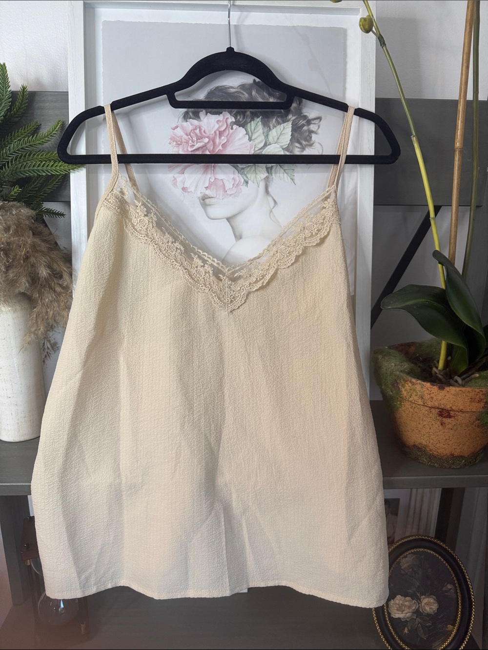 Lace Trim Cream Slip Tank Top
